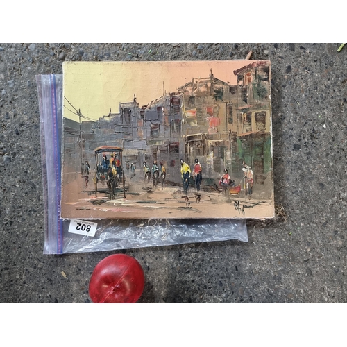 802 - An original oil on canvas painting featuring a urban landscape scene of a Mediterranean street with ... 