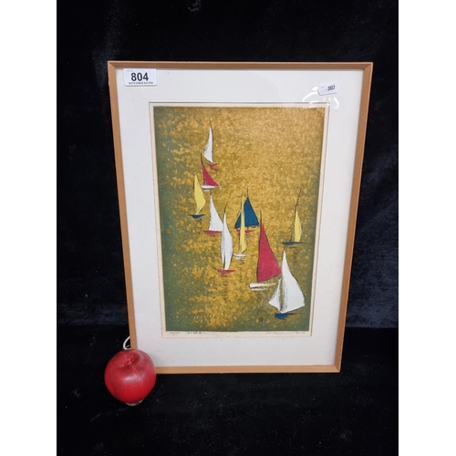 804 - An interesting limited edition (24/85) mixed media print featuring colourful sail boats on a shimmer... 