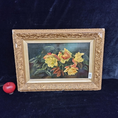 807 - A delightful antique original oil on canvas painting showing a still life of yellow roses  against a... 