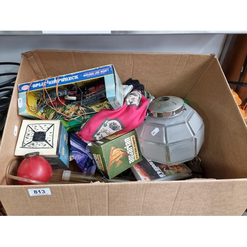 813 - A large box of mixed items including high quality fishtank props and accessories such as a sunken sh... 