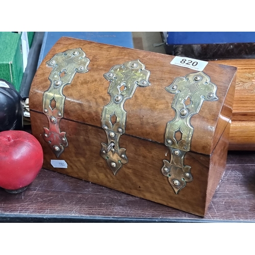 820 - A beautiful vintage domed box. Crafted with burl walnut and sporting three beautiful brass bands wit... 