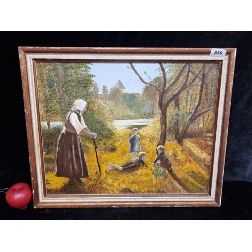 850 - A delightful original oil on canvas board painting featuring a warm sunlit autumnal scene of three y... 