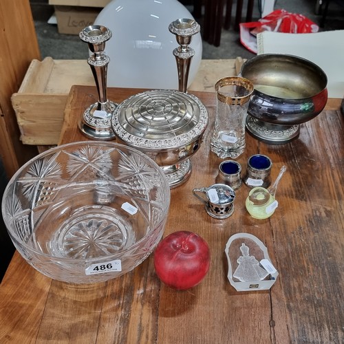 486 - A mixed lot of vintage items including a bohemian crystal center piece bowl with diamond quilt detai... 