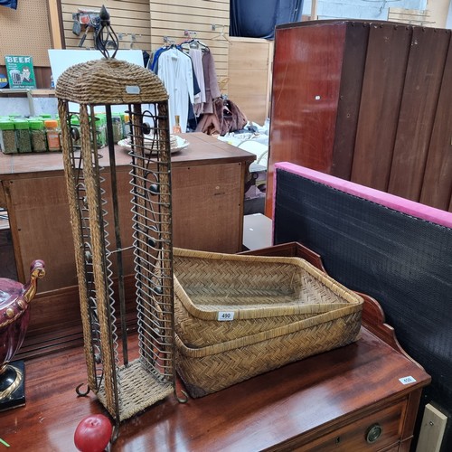 490 - A pair of vintage wicker tray baskets. Nice wide shallow examples with genuine leather appliques.