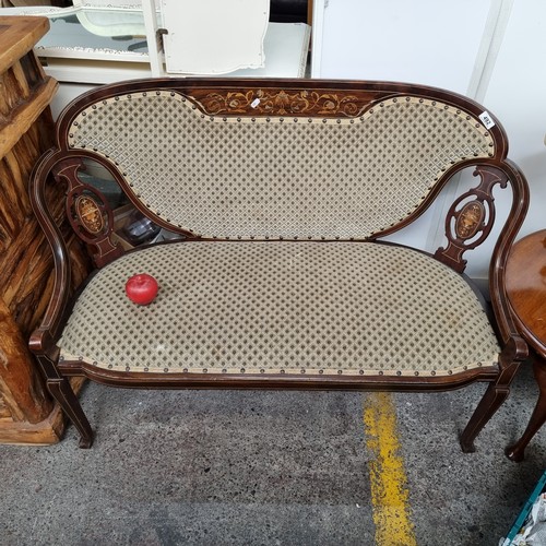 492 - Star Lot - A beautiful example of an Edwardian parlor love seat expertly inlayed with satin wood mar... 