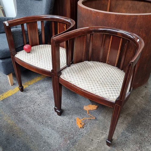 498 - Star Lot : A pair of Edwardian rail back tub chairs. Nicely crafted examples with string inlay and s... 