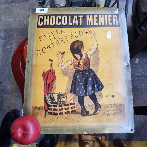 499 - A playful Chocolat Menier metal advertising sign depicting a young girl writing Eviter Les Contrefac... 