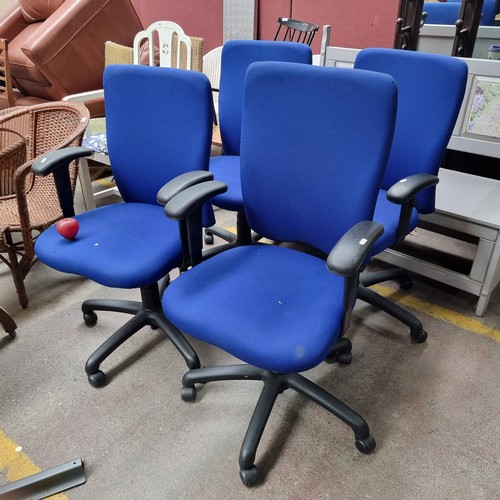 688 - Four swivel office chairs with adjustable height and arm settings, held on large robust castors. Bac... 