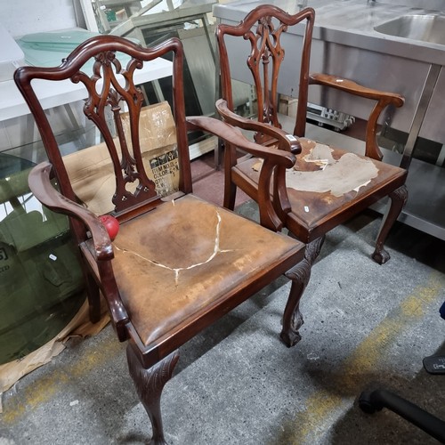 689 - A pair of antique Georgian Chippendale style carver chairs with ribbon back detail, curvilinear arms... 