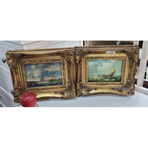 712 - A neatly proportioned pair of oil on board paintings showing maritime scenes. Wonderfully observed w... 