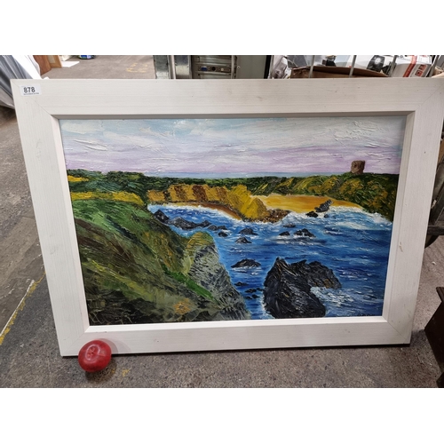 878 - A large original oil on canvas painting featuring a coast landscape theme rendered in thick impasto ... 