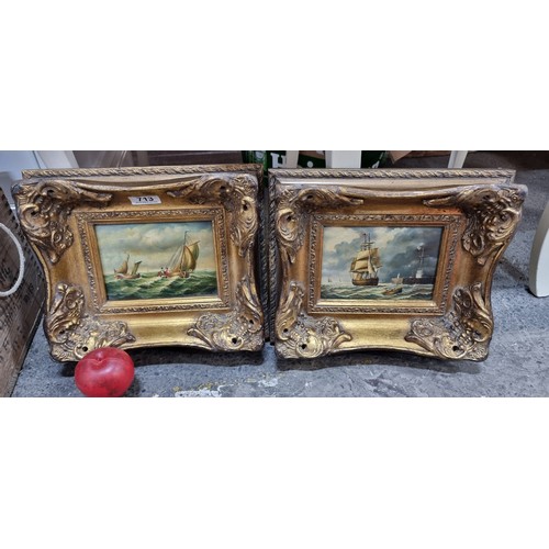 713 - A neatly proportioned pair of oil on board paintings showing maritime scenes. Wonderfully observed w... 