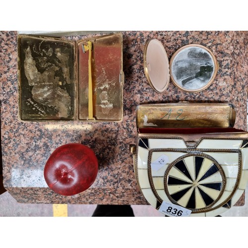 836 - Three lovely vintage ladies' accessories. Including a bone and enamel inlaid bag on a brass frame . ... 