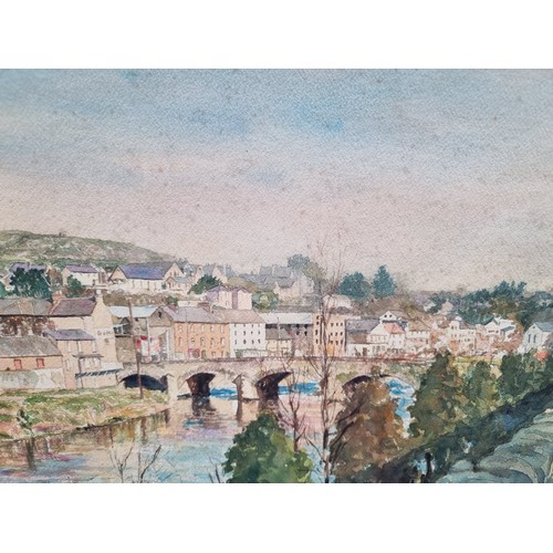 844 - A lovely original watercolour on paper painting featuring a view of a riverside town with stone brid... 