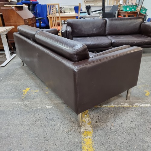 724 - A pair of stylish 3 seater couches in the SÄTER style from Ikea. In a deep brown leather finish and ... 