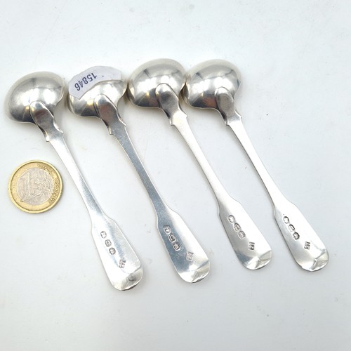 884 - A collection of four early Georgian sterling silver fiddle pattern cruet spoons, set with initialled... 