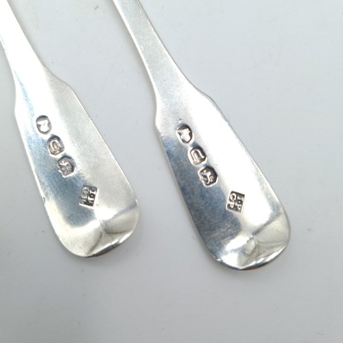 884 - A collection of four early Georgian sterling silver fiddle pattern cruet spoons, set with initialled... 