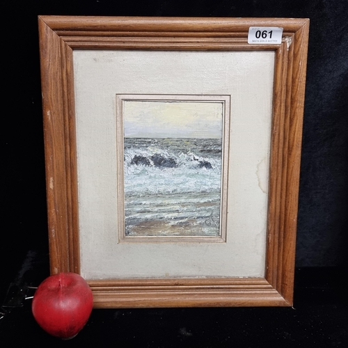 61 - An original oil on board painting featuring a dynamic composition of tumultuous waves frothing and b... 