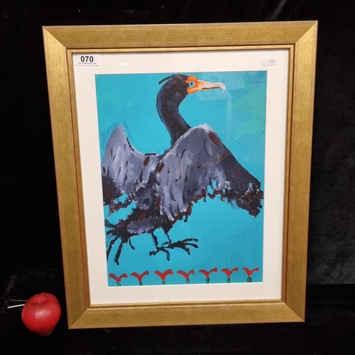 70 - A print of a painting showing a cormorant bird airing his wings dry by the water's edge. Brightly co... 