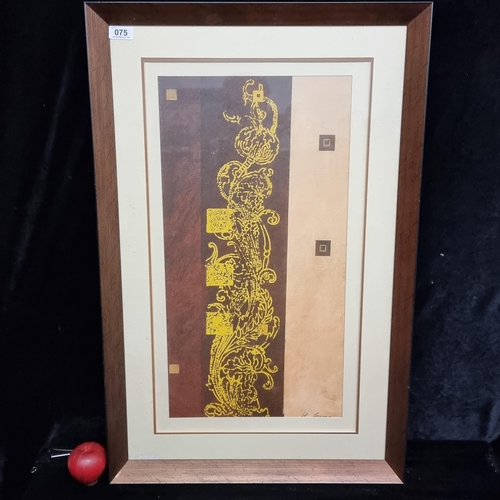 A digital print showing abstract geometric forms with yellow scroll motif to centre, in earthen tones. Nicely housed in a bronze effect frame.