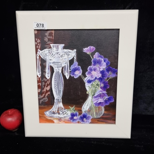 78 - An original acrylic on canvas painting featuring a still life of purple cranesbill geranium flowers ... 