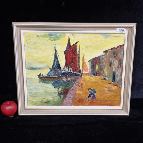 83 - An original oil on canvas painting featuring a harbour scene of boats moored at the dock, as a lone ... 