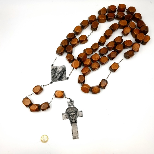 870 - A very very  long and very oversized vintage group rosary beads, featuring huge wooden notches and a... 