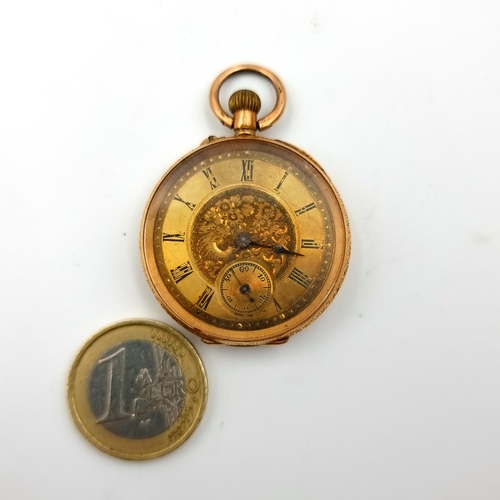 871 - Star Lot : A handsome example of an antique cased 14 carat gold fob watch, featuring Roman numeral d... 