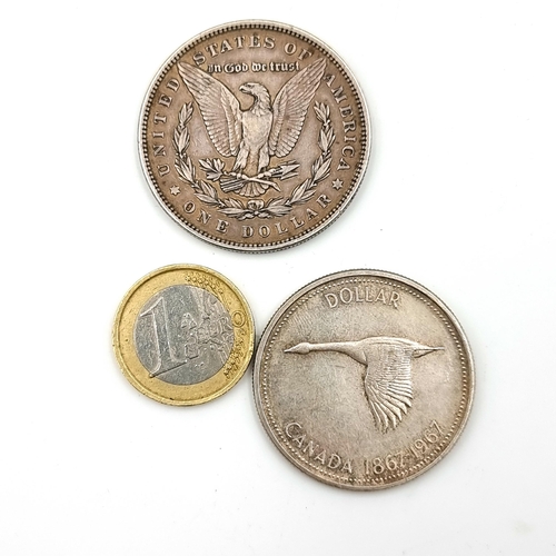 875 - Two coins, including a United States Morgan 1879 dollar coin (weight 26.76 grams). Together with a c... 