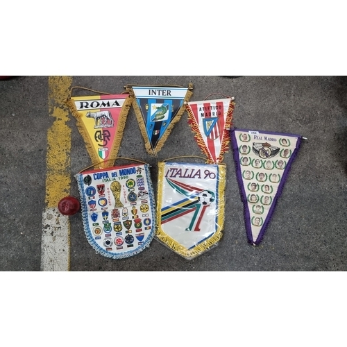 897 - A collection of six football pennants including teams such as Roma, Real Madrid, Atletico Madrid and... 