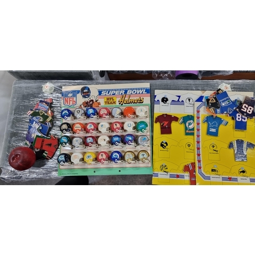 898 - A bag containing vintage NFL themed collectable items comprising of a complete set of miniature Supe... 