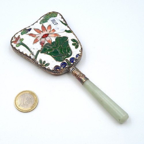 14 - A very attractive example of an antique Chinese hand held vanity mirror, set with brightly coloured ... 