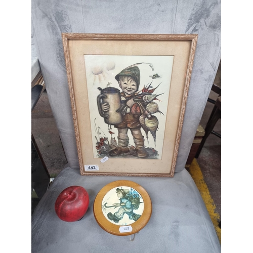 442 - Two vintage Hummel items including a music box and a printed image.