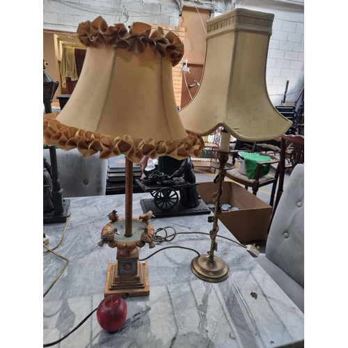 444 - Two vintage table lamps in shades of gold including an unusual example with bird bath detailing.