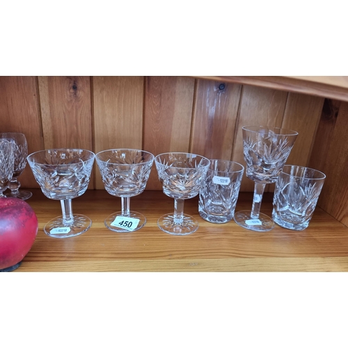 450 - A mixed set of six Waterford Crystal glasses in the Ashling pattern. Consisting of one wine glass, t... 