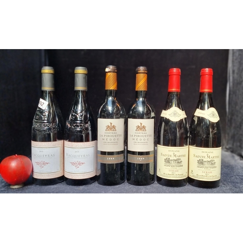 492 - Six sealed 75cl bottles including two bottles of Vacqueyras 2010, two bottles of Chateau La Pirouett... 