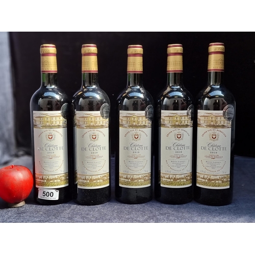 500 - Five sealed 750ml bottles of 2010 Chateau de Clotte
Cotes de Castillon, France. Averaging €18 per bo... 