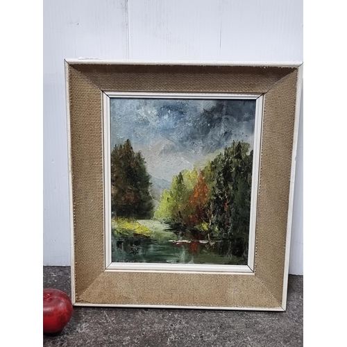 523 - Star Lot : An original oil on board painting. A beautiful dusky tree lined lakeside landscape scene ... 