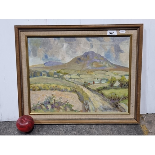 545 - An original oil on canvas board painting featuring a rural landscape scene of a lavender mountain an... 