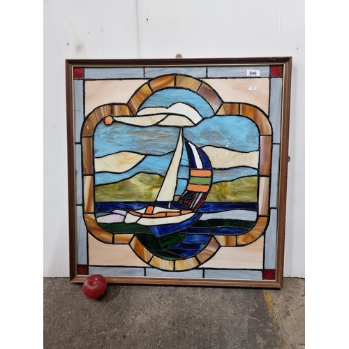 546 - Star Lot : A fabulous large original framed stained glass artwork featuring a vignette of a sail boa... 