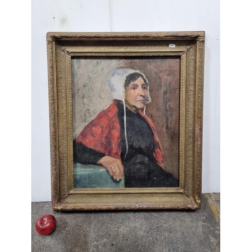 548 - Star Lot : A striking antique original oil on canvas painting showing a portrait of a proud woman dr... 