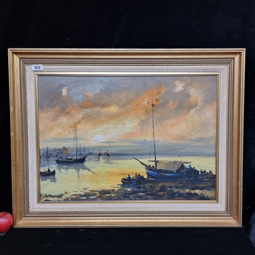 69 - A large vintage original oil on linen canvas painting featuring a maritime scene of fishermen prepar... 