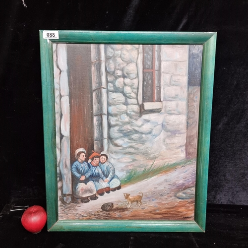 88 - A lovely original vintage oil on canvas board of a Eastern European village scene with peasant child... 