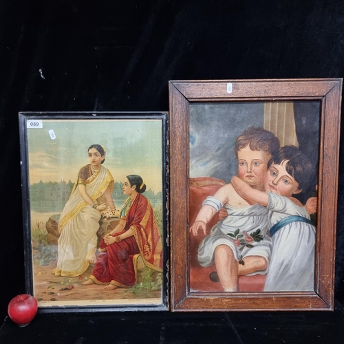 89 - Two items including an original antique oil on canvas board a cherub like child and his adoring sist... 