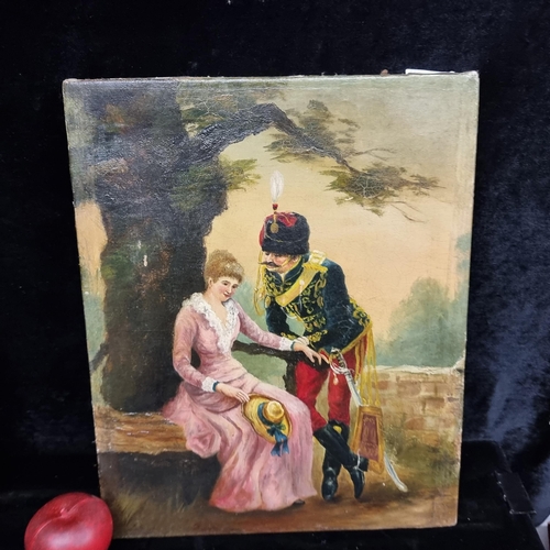 98 - An original antique oil on canvas painting titled 'The Lovers' featuring the titular couple courting... 