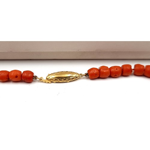 24 - A pretty example of a natural graduated red coral necklace, set with a marked 9ct gold clasp. Length... 