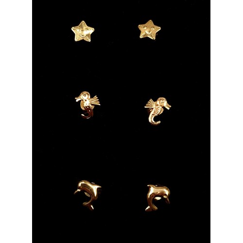 757 - Three excellent pairs of 9 carat gold children;'s earrings. In very pretty animal designs.