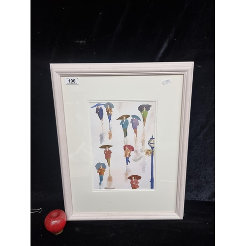 100 - An original watercolour on paper painting by the artist Judy Shinnick showing pedestrians carrying u... 