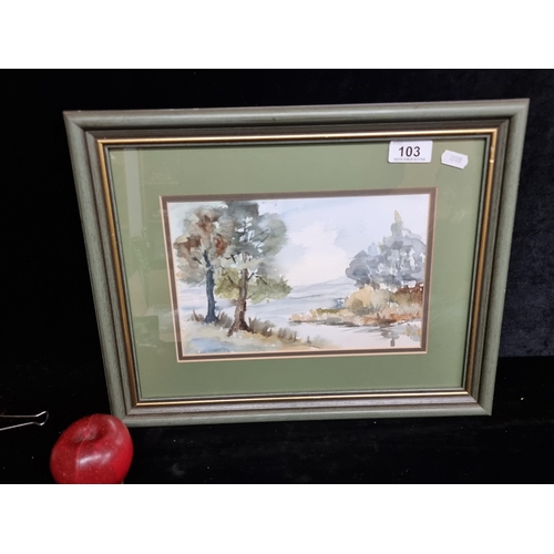 103 - An original watercolour on paper painting showing a landscape scene of rolling fields and lush green... 