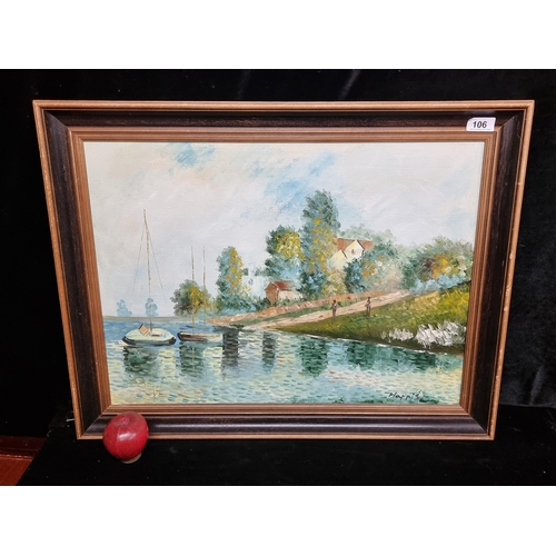 106 - A large original oil on board painting showing a post impressionistic landscape scene in the style o... 